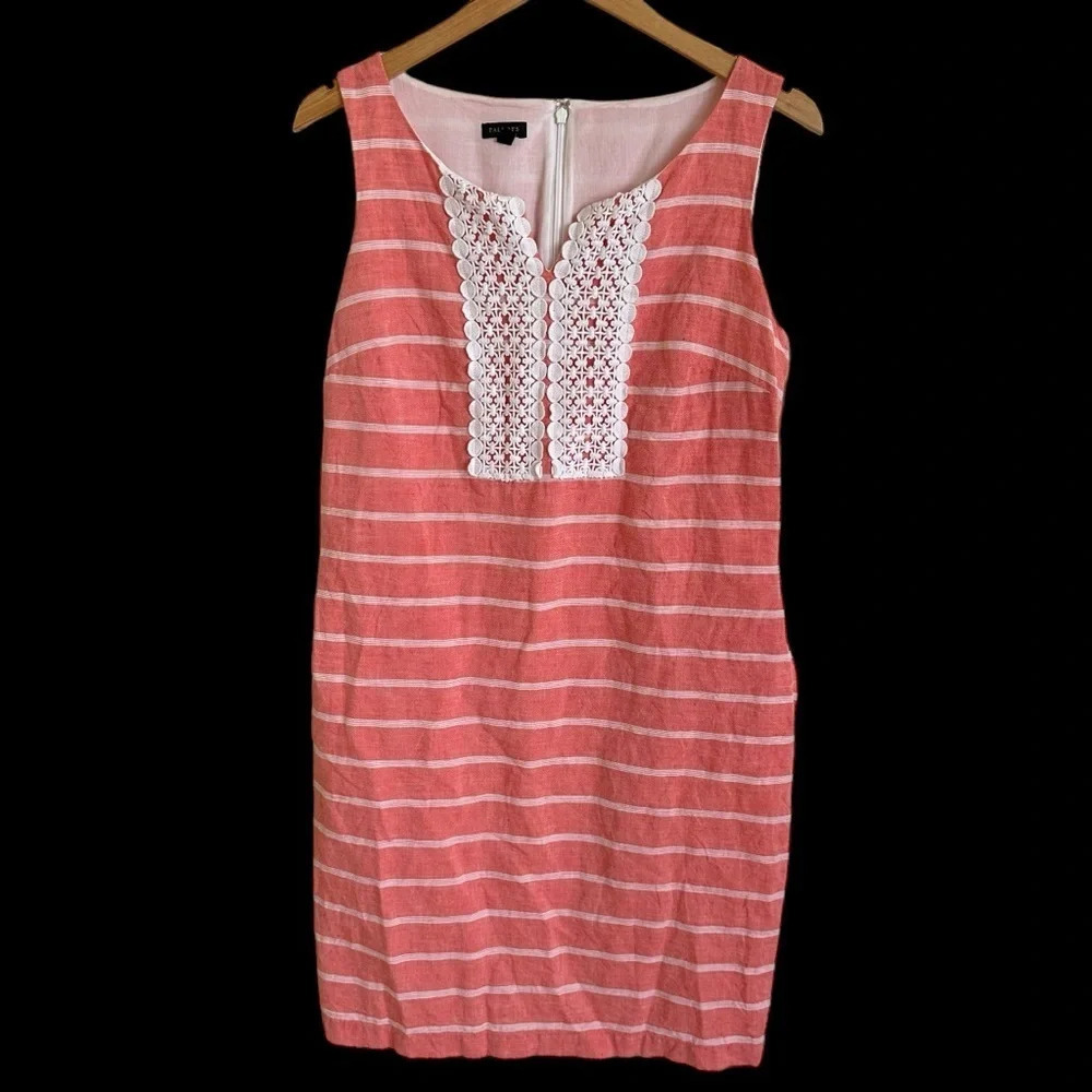 Talbots Size‎ 8 Coral Linen Blend Sleeveless Dress Crochet Lace Striped Pockets